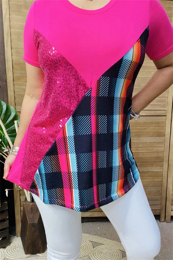FW10361 Checked multi color printed solid fuchsia side sequin short sleeve women tops