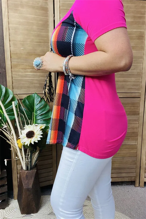 FW10361 Checked multi color printed solid fuchsia side sequin short sleeve women tops