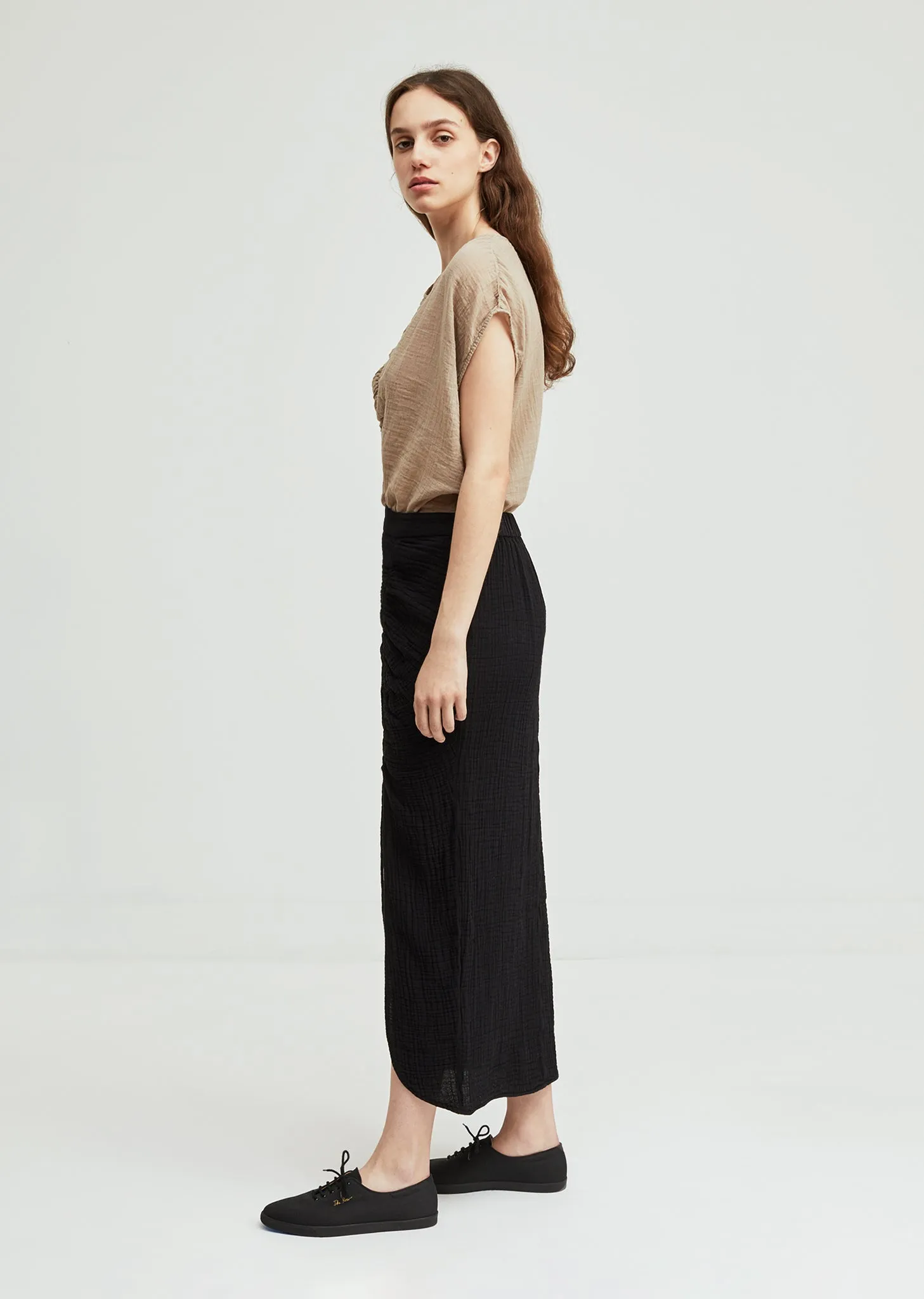 Gathered Gauze Slit Skirt