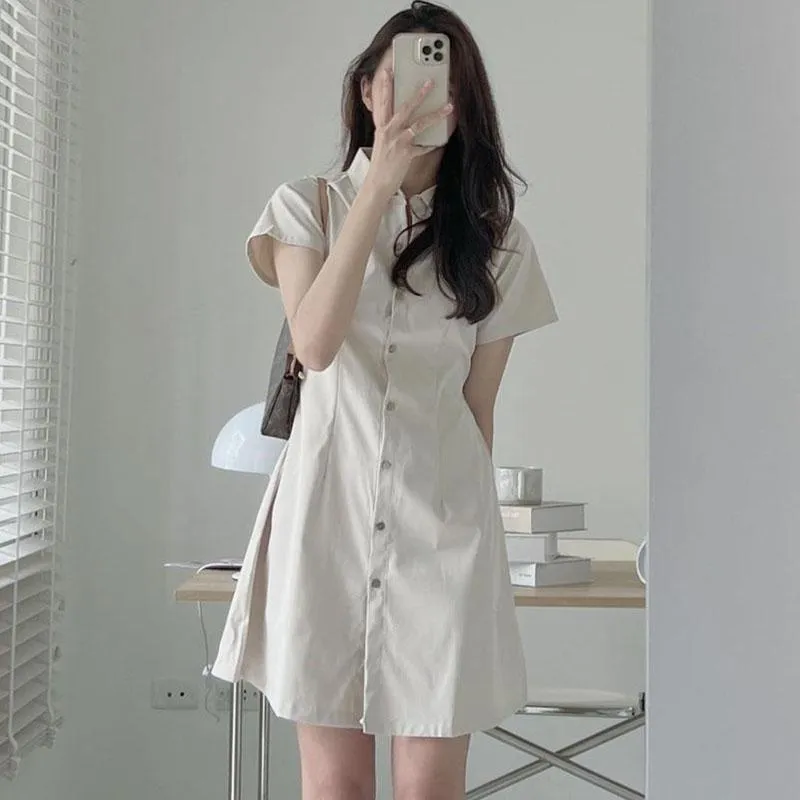 ikearlax South Korea Summer Simplicity Temperament Lapel Single Breasted Cinched Slimming Short Sleeves Shirt Style Small Size Dress