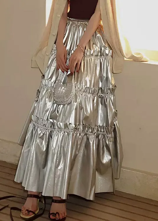 Italian Silver Ruffled Patchwork Elastic Waist Cake Skirt  Summer FA308
