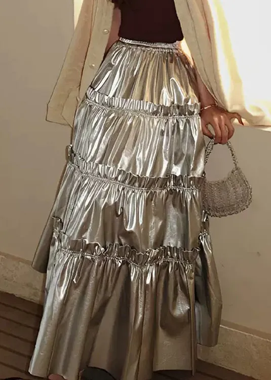 Italian Silver Ruffled Patchwork Elastic Waist Cake Skirt  Summer FA308