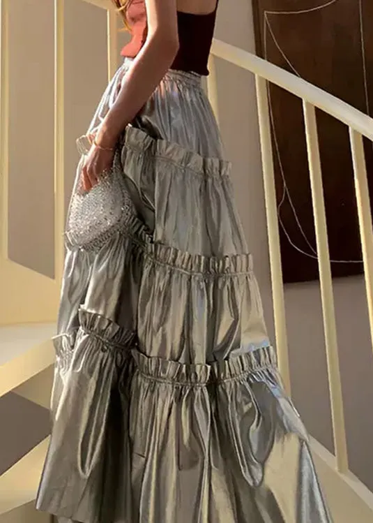 Italian Silver Ruffled Patchwork Elastic Waist Cake Skirt  Summer FA308