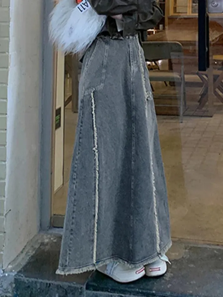 LANFUBEISI - Washed Raw Edge Patchwork Back Slit Maxi Skirt