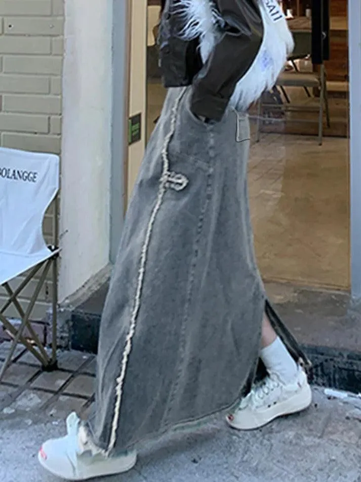 LANFUBEISI - Washed Raw Edge Patchwork Back Slit Maxi Skirt