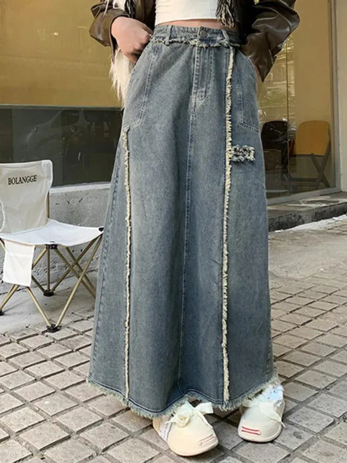 LANFUBEISI - Washed Raw Edge Patchwork Back Slit Maxi Skirt