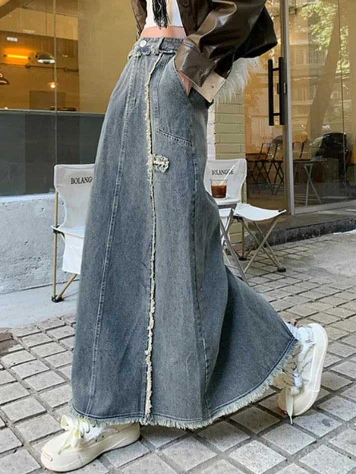 LANFUBEISI - Washed Raw Edge Patchwork Back Slit Maxi Skirt