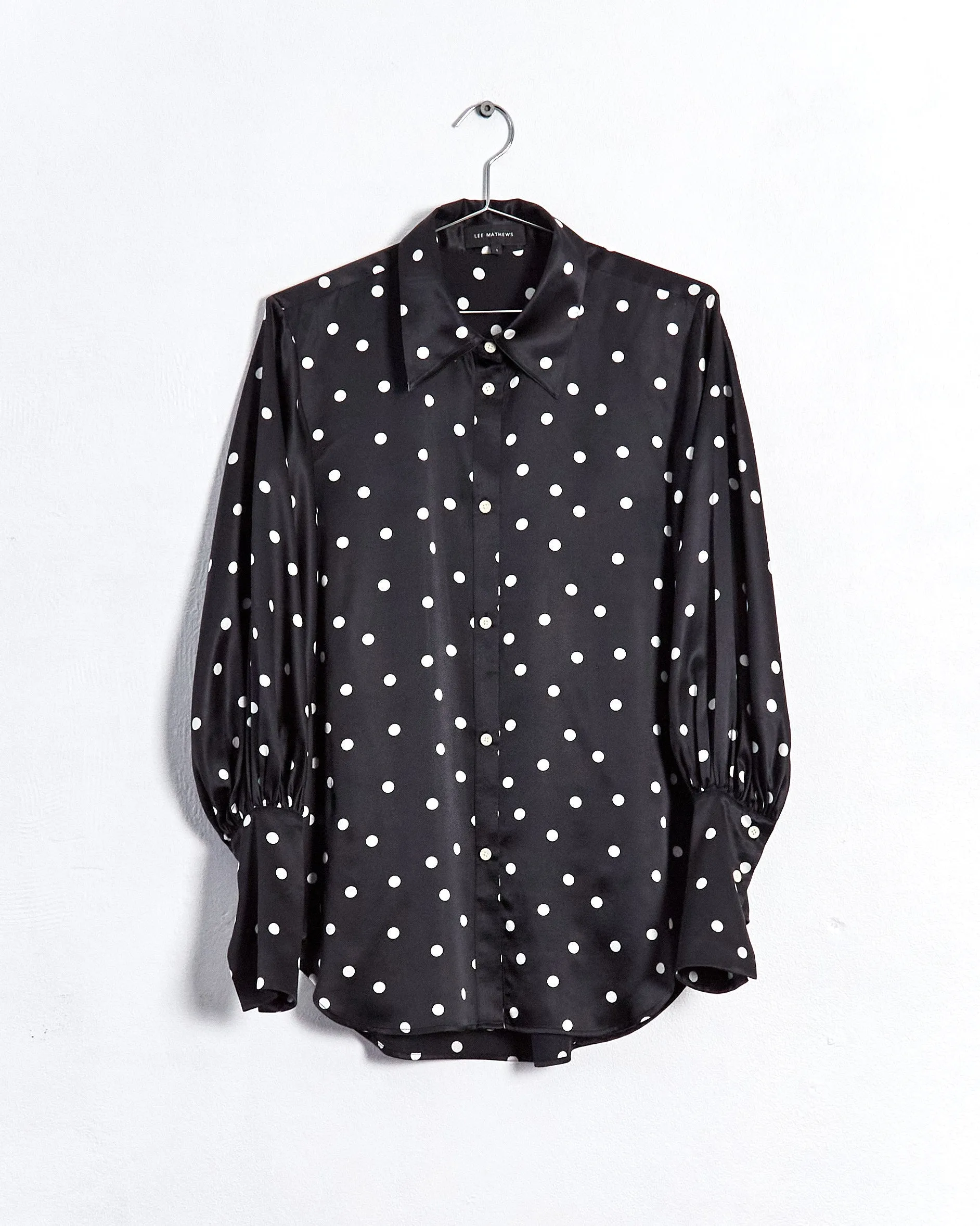 Lee Mathews 'talulah' polkadot satin shirt, black & white, 8