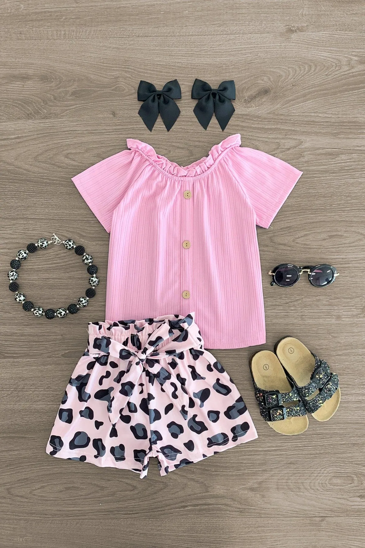 Light Pink Cheetah Tie Short Set