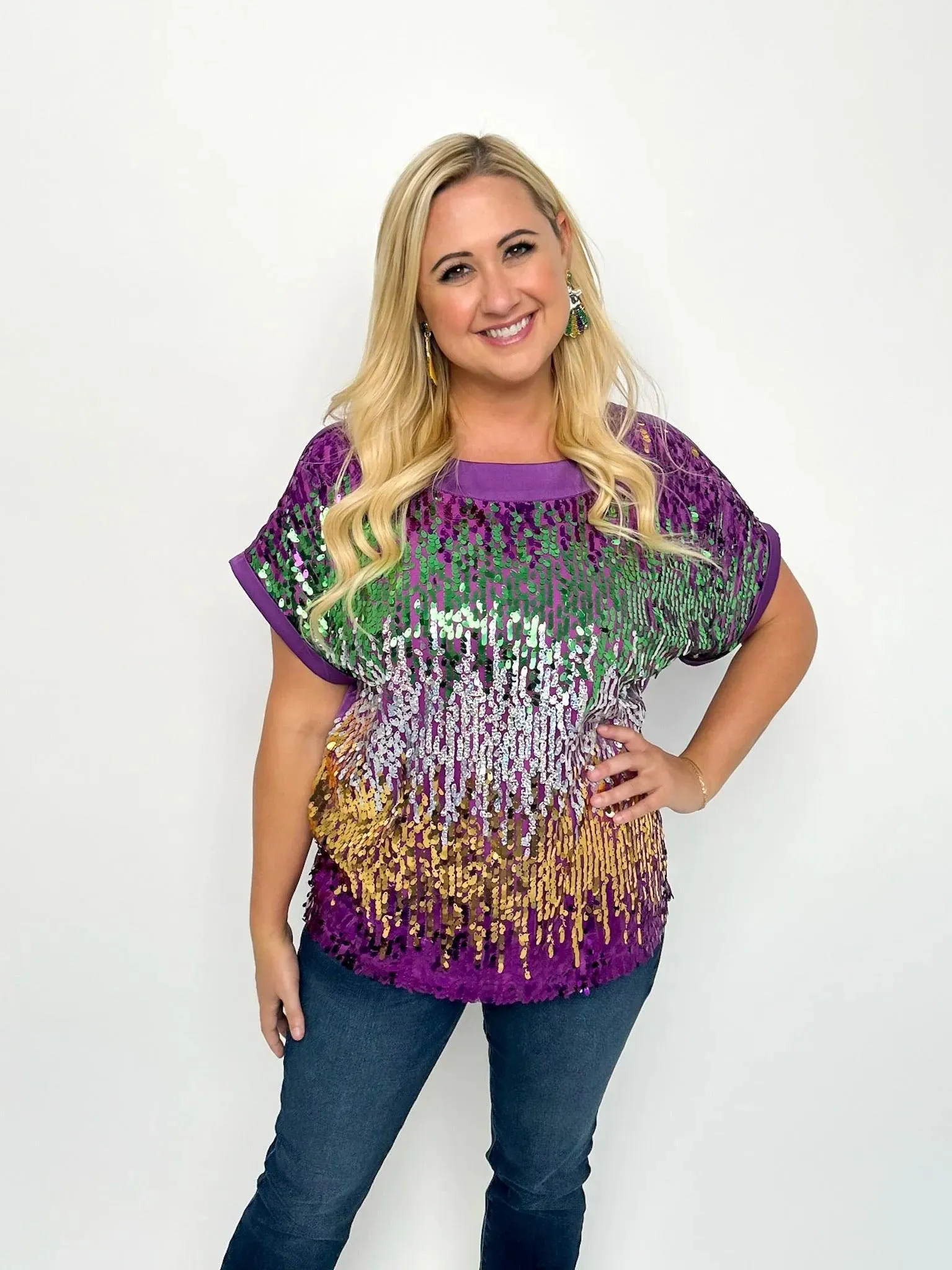 Mardi Gras Sequin Color Block Top