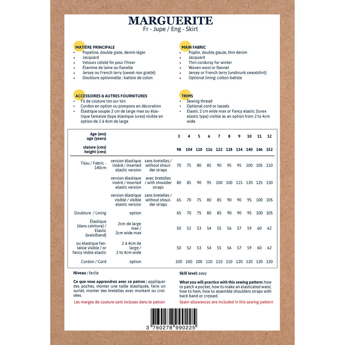MARGUERITE skirt - Girl 3-12Y - Paper Sewing Pattern