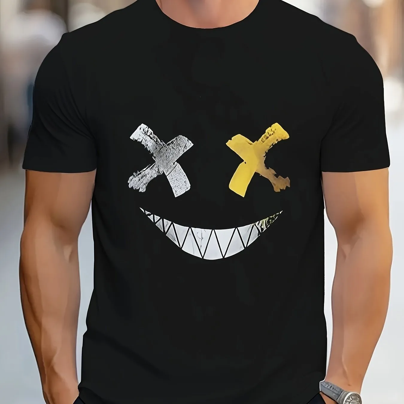 Men's Casual Round Neck T-shirt With Abstract Facial Pattern, And A Fitted Cut