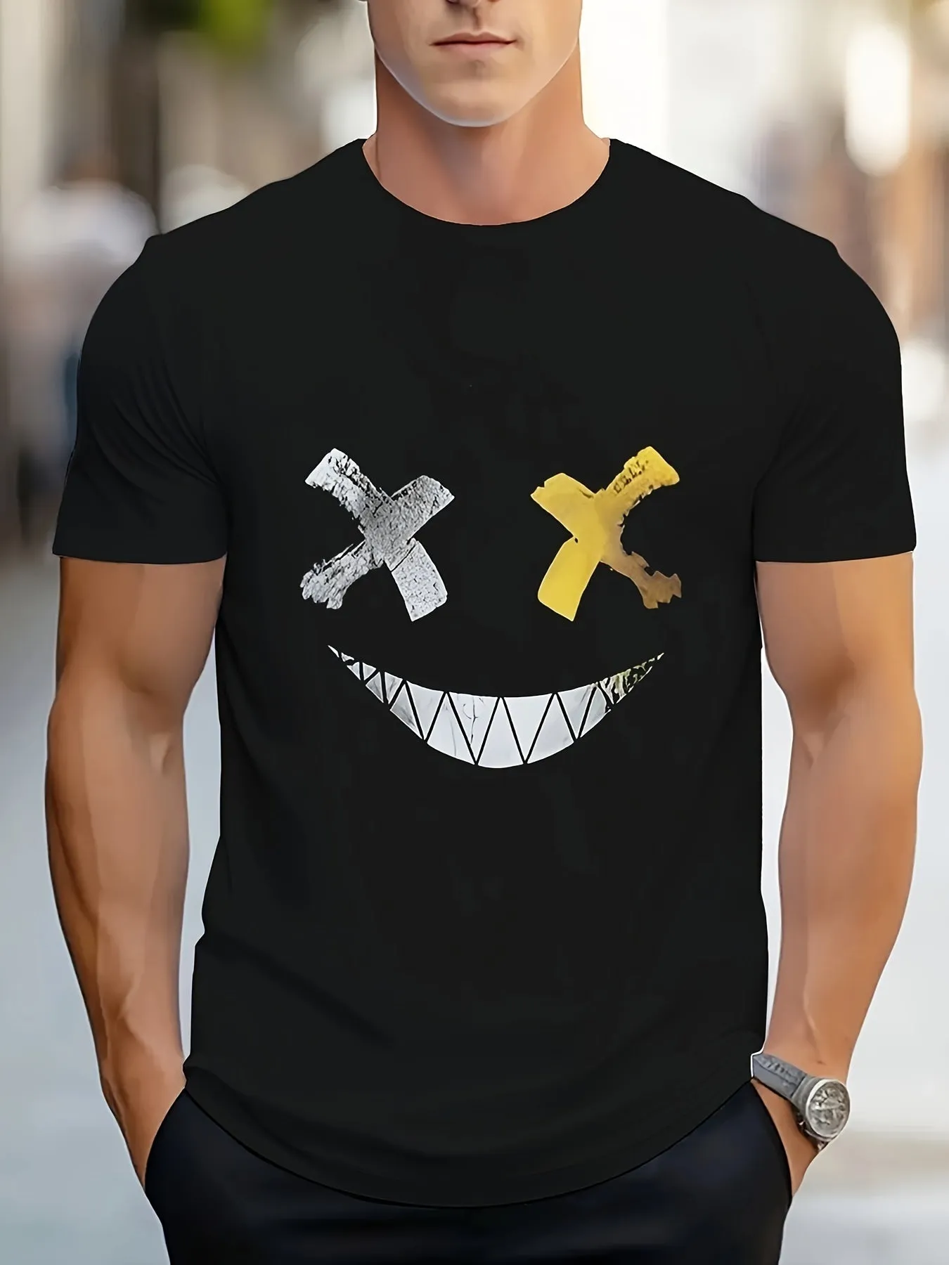 Men's Casual Round Neck T-shirt With Abstract Facial Pattern, And A Fitted Cut