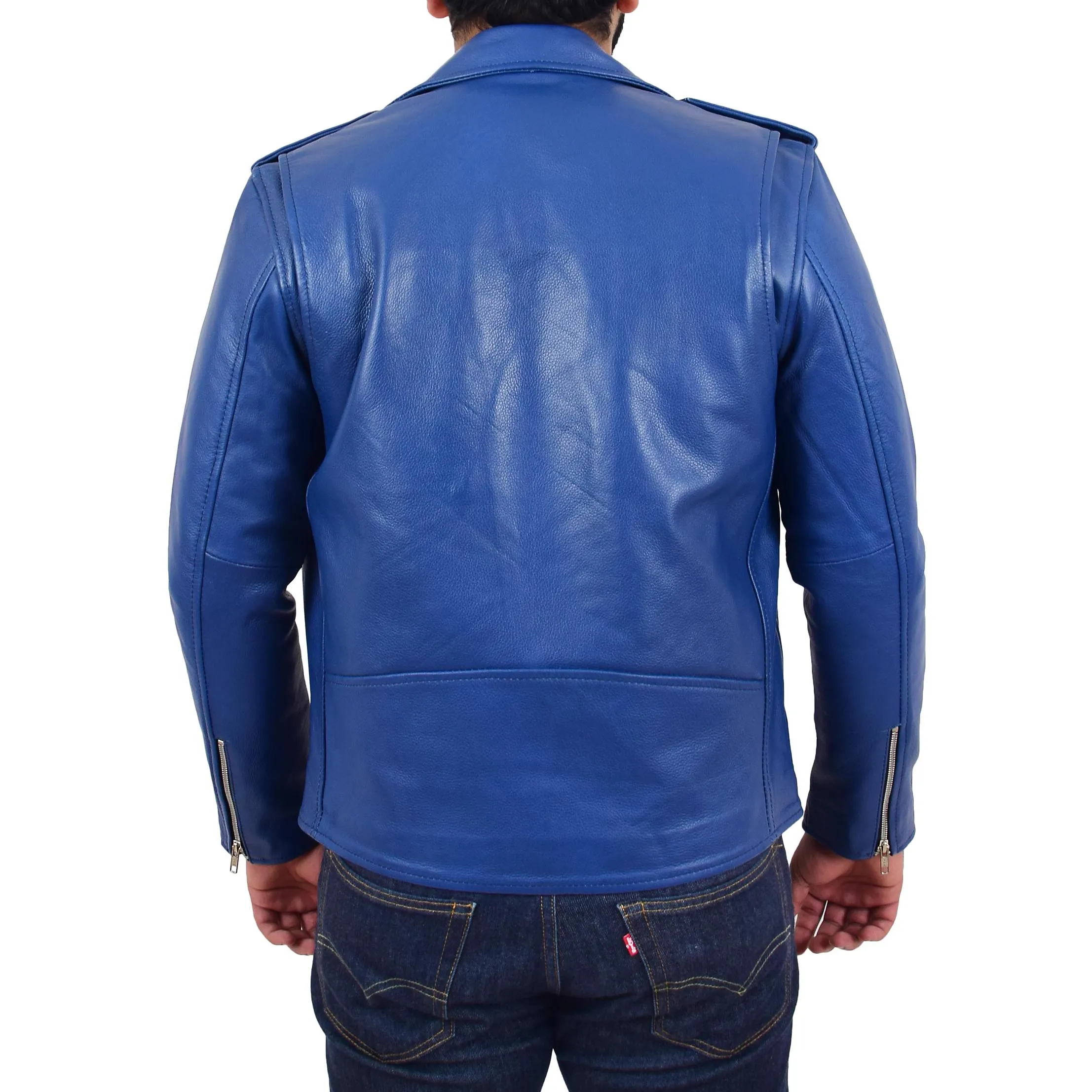 Mens Real Cowhide Biker Leather Jacket Rock Blue