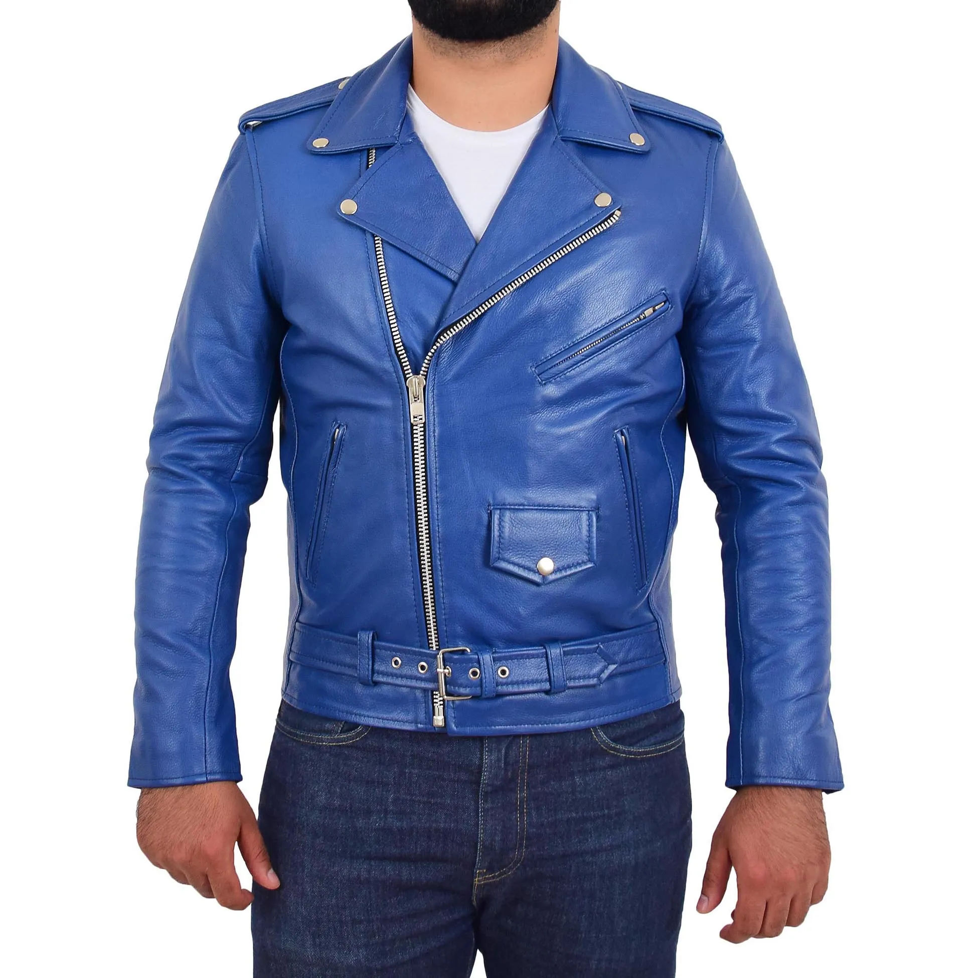 Mens Real Cowhide Biker Leather Jacket Rock Blue