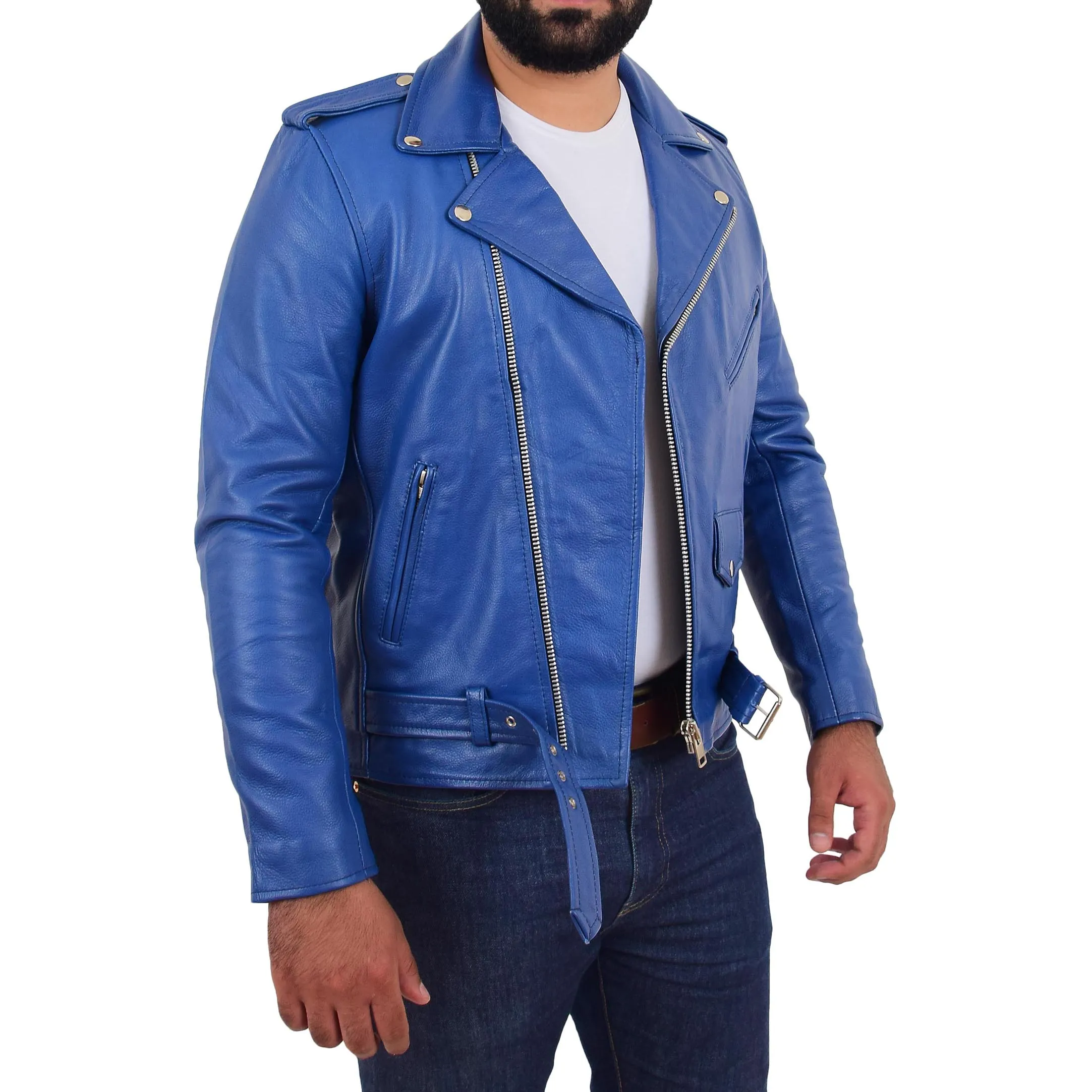 Mens Real Cowhide Biker Leather Jacket Rock Blue