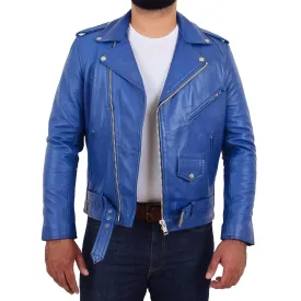 Mens Real Cowhide Biker Leather Jacket Rock Blue