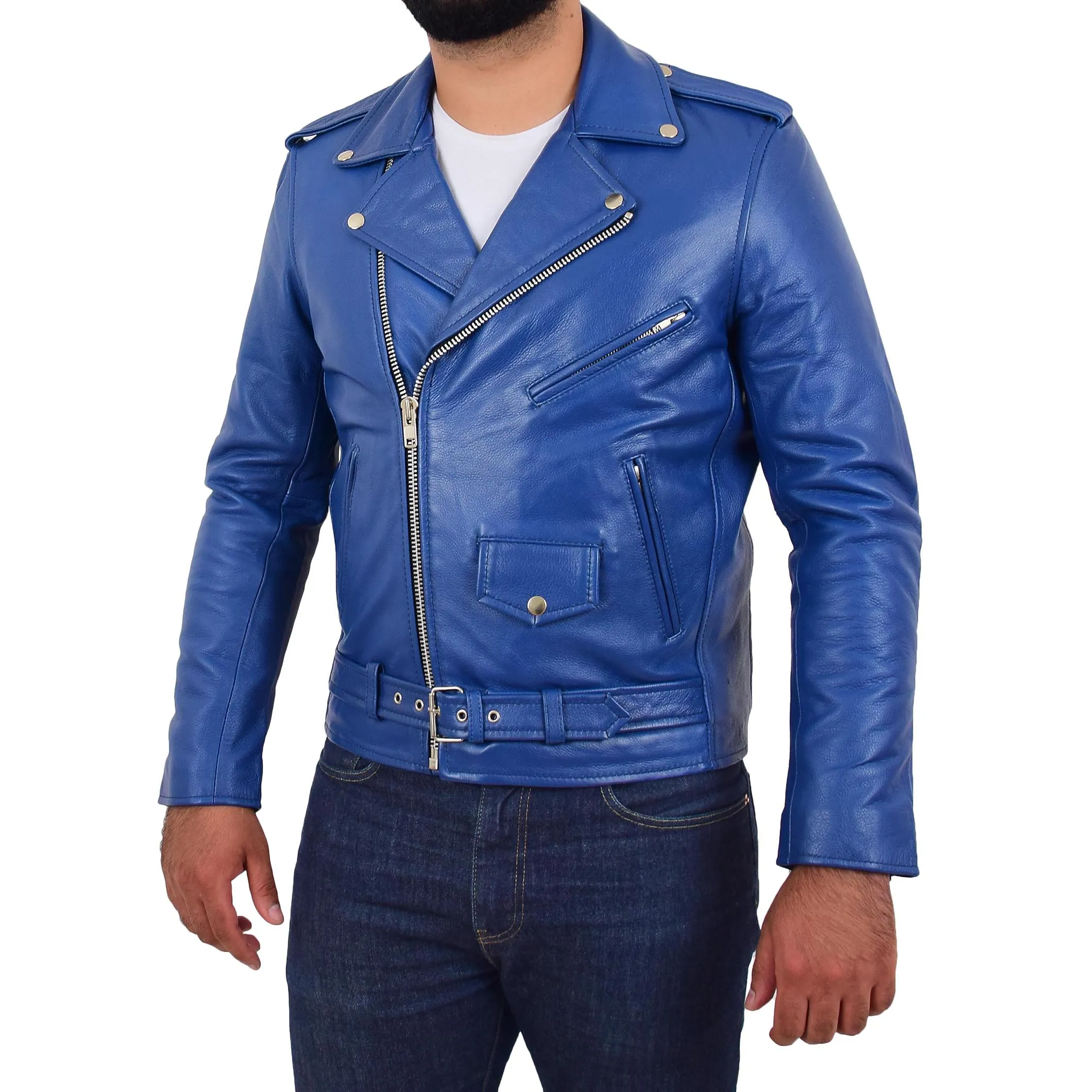 Mens Real Cowhide Biker Leather Jacket Rock Blue