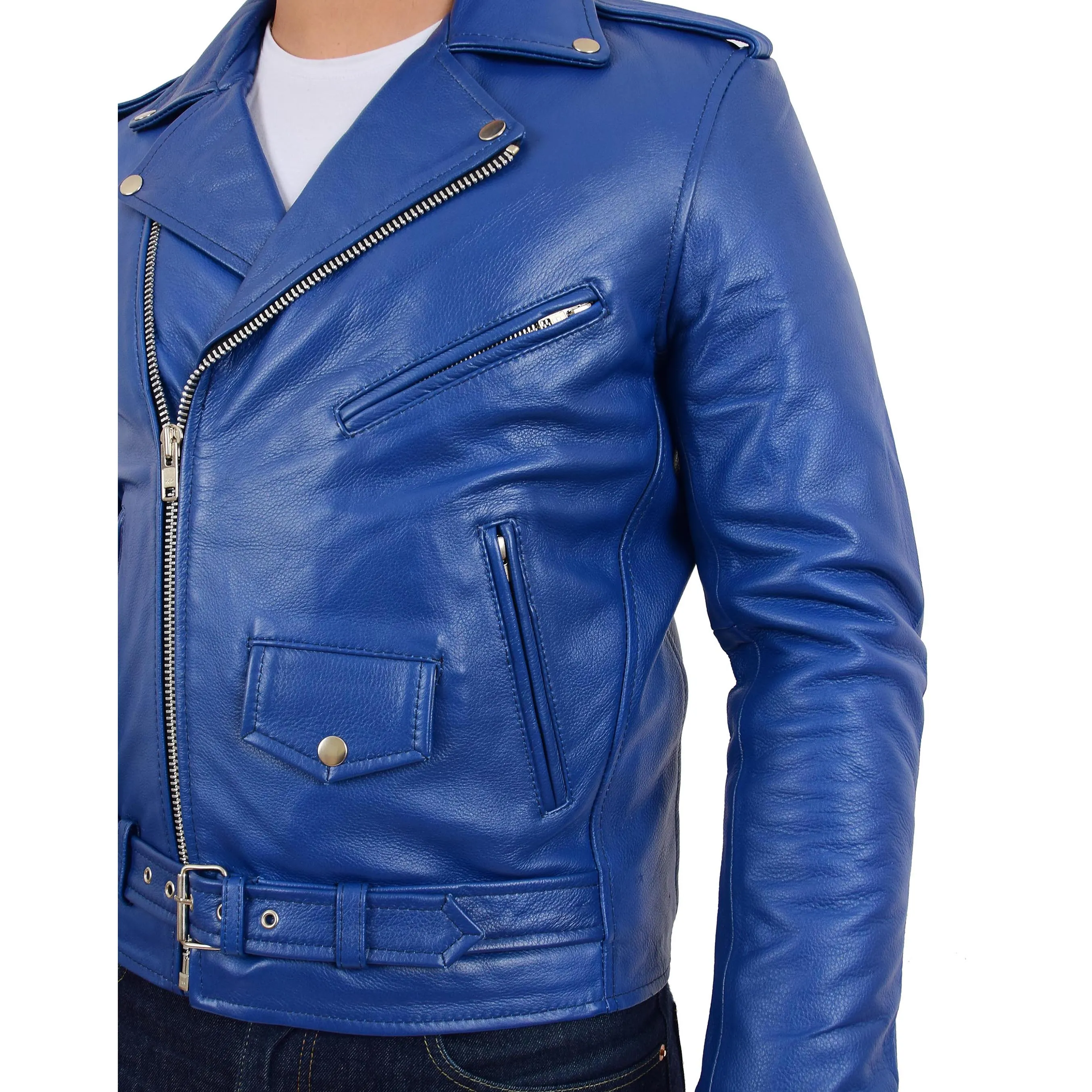 Mens Real Cowhide Biker Leather Jacket Rock Blue