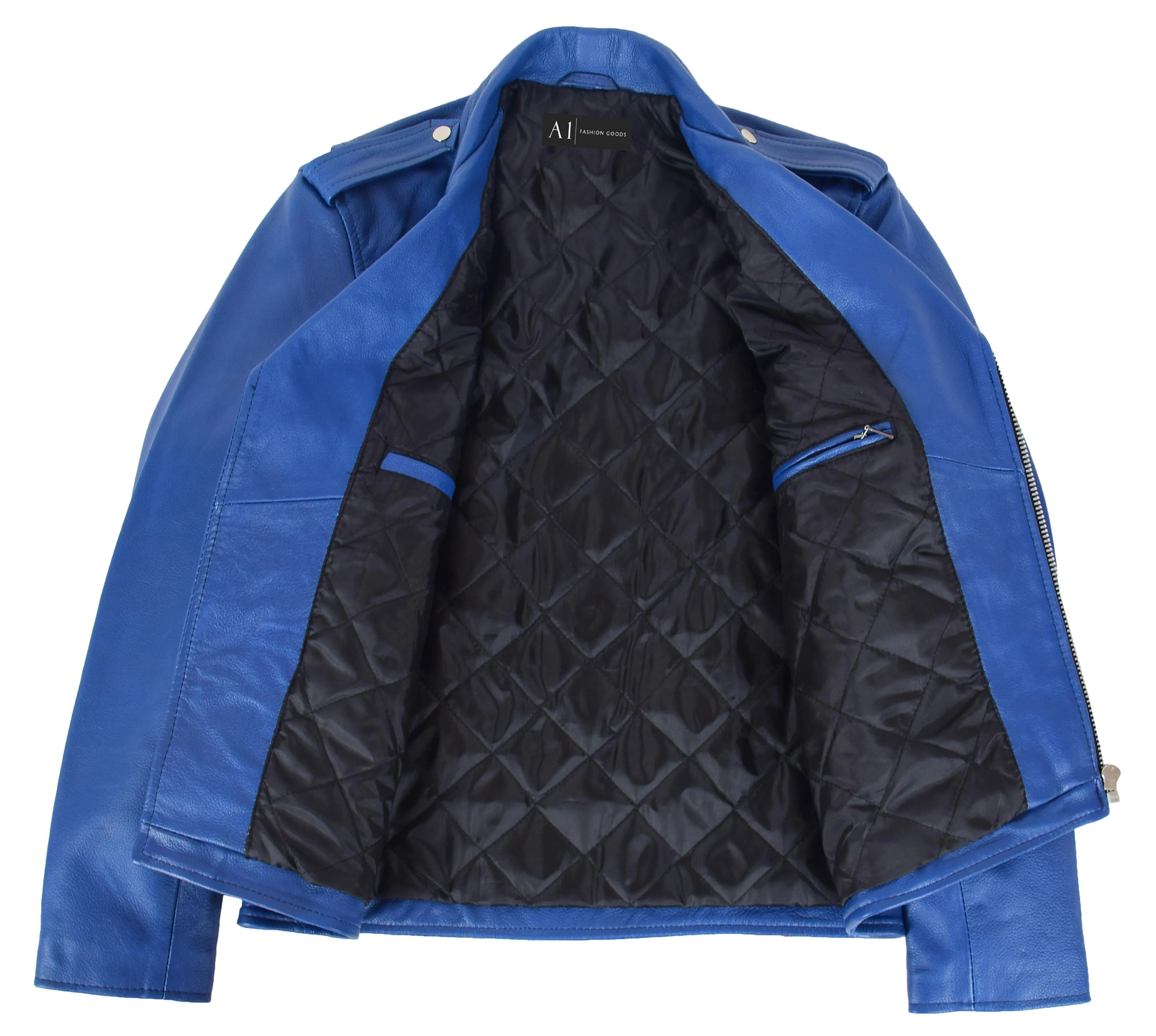 Mens Real Cowhide Biker Leather Jacket Rock Blue