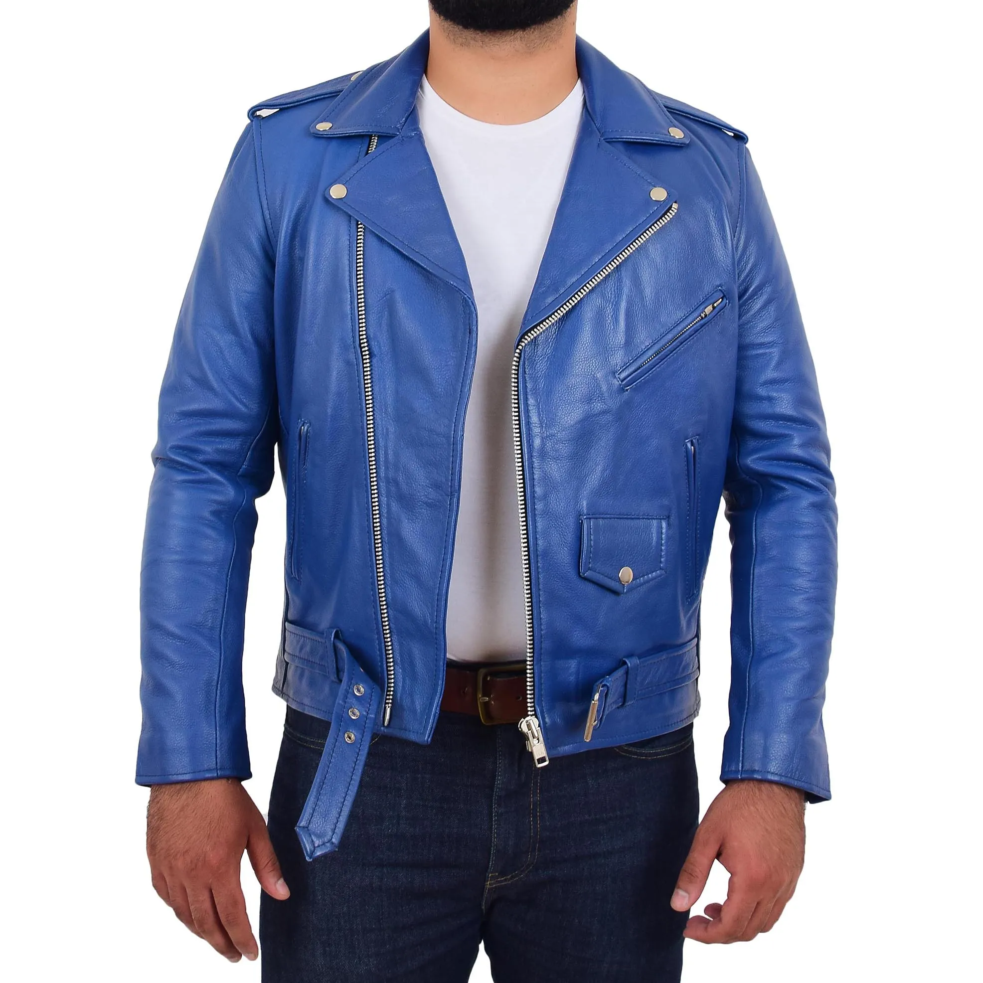 Mens Real Cowhide Biker Leather Jacket Rock Blue