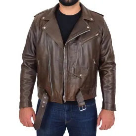 Mens Real Cowhide Biker Leather Jacket Rock Brown Antique