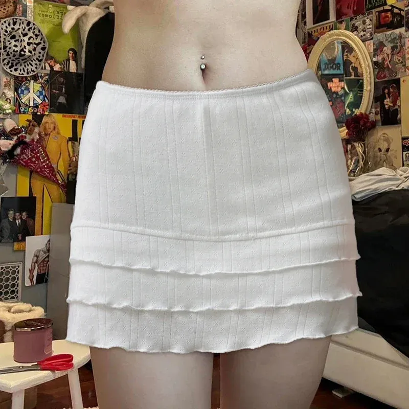 Metaversmall y2k Korean Style White Summer Mini Skirt Tierred Ruched Slim Hottie Women Skirt Sweet Cute Coquette Short Three-Layer