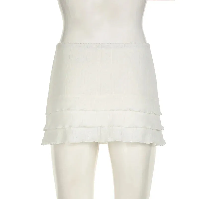 Metaversmall y2k Korean Style White Summer Mini Skirt Tierred Ruched Slim Hottie Women Skirt Sweet Cute Coquette Short Three-Layer