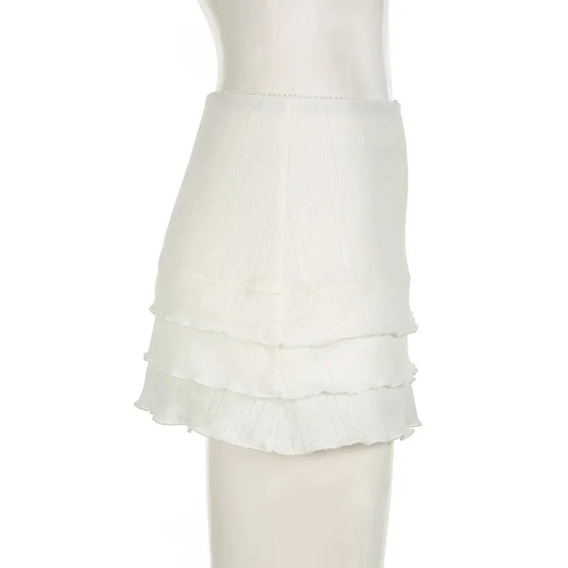 Metaversmall y2k Korean Style White Summer Mini Skirt Tierred Ruched Slim Hottie Women Skirt Sweet Cute Coquette Short Three-Layer
