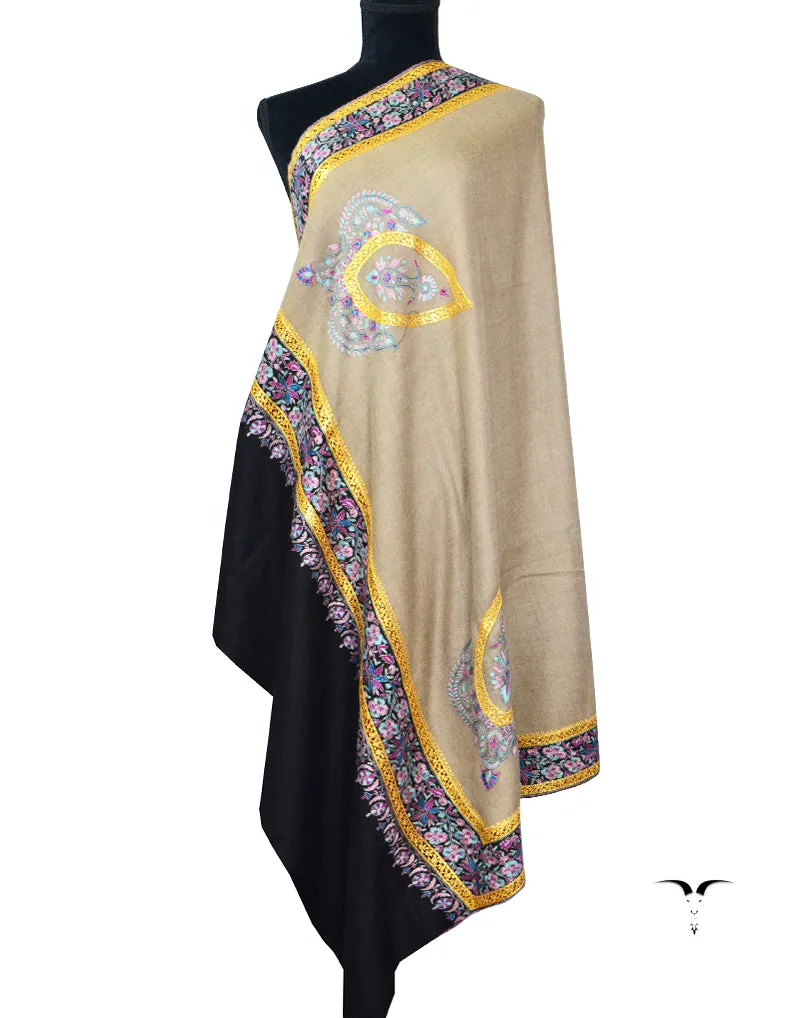 Natural & Black Pashmina Shawl With Sozni & Tilla 5478