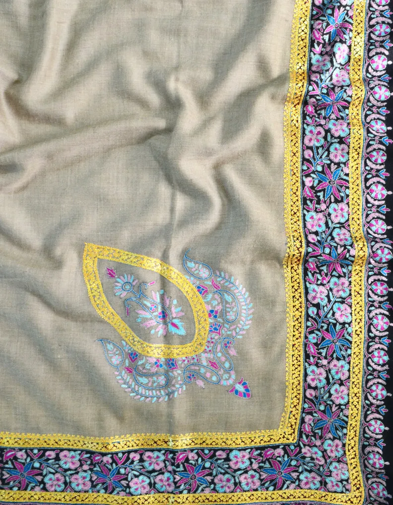 Natural & Black Pashmina Shawl With Sozni & Tilla 5478