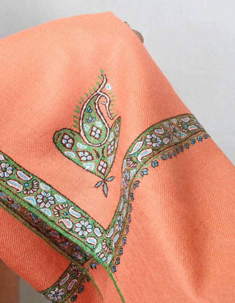 Neon Peach Pashmina Shawl With Sozni Borders 5663