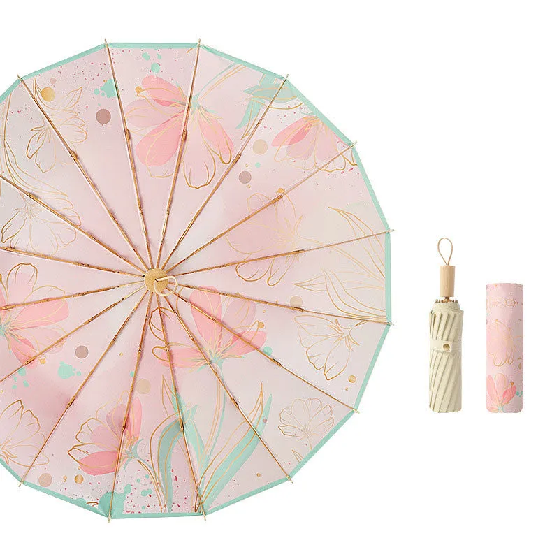 New three-fold parasol 16-rib sun protection and UV protection French retro umbrella strong and wind-resistant high-end sun umbrella