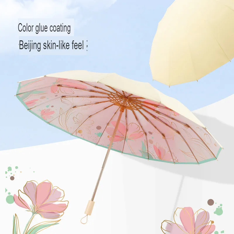 New three-fold parasol 16-rib sun protection and UV protection French retro umbrella strong and wind-resistant high-end sun umbrella