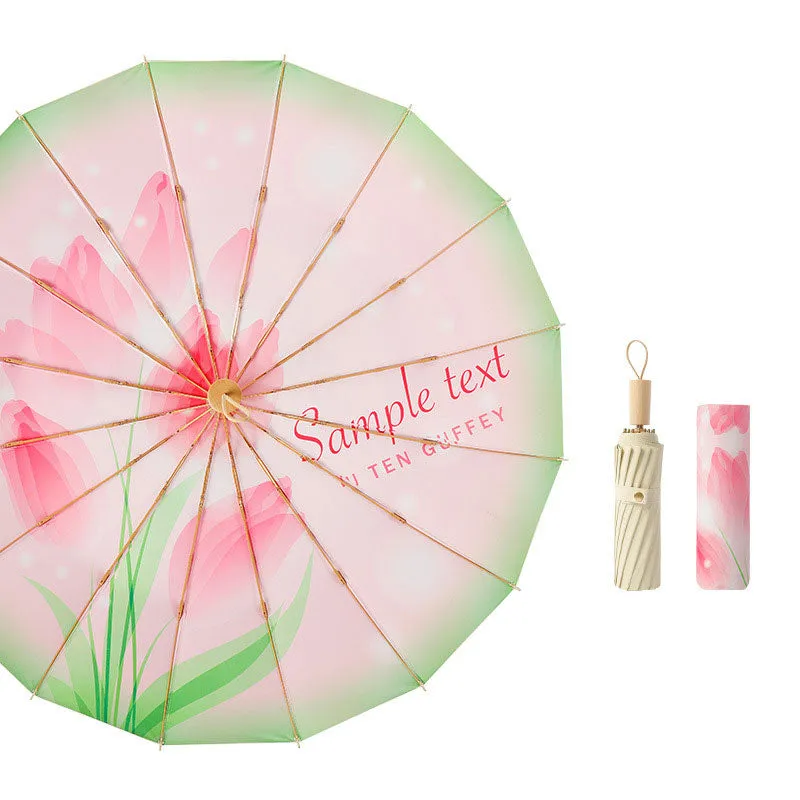 New three-fold parasol 16-rib sun protection and UV protection French retro umbrella strong and wind-resistant high-end sun umbrella