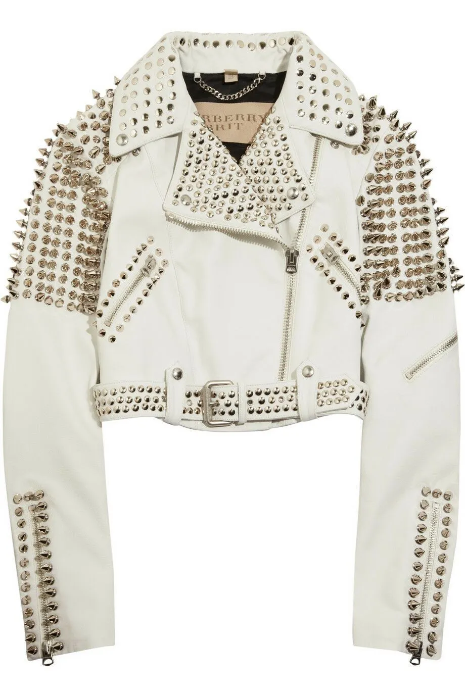 New Woman Full White Punk Brando Spiked Studded Leather Jacket