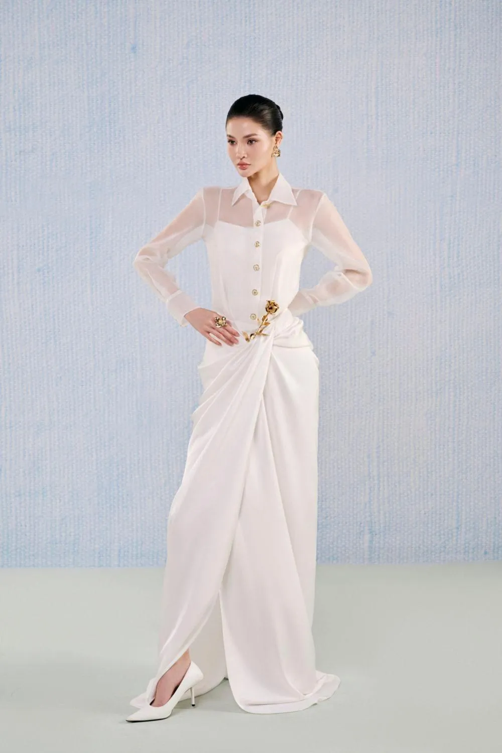 Opal Sarong Collared Neck Silk Organza Floor Length Set