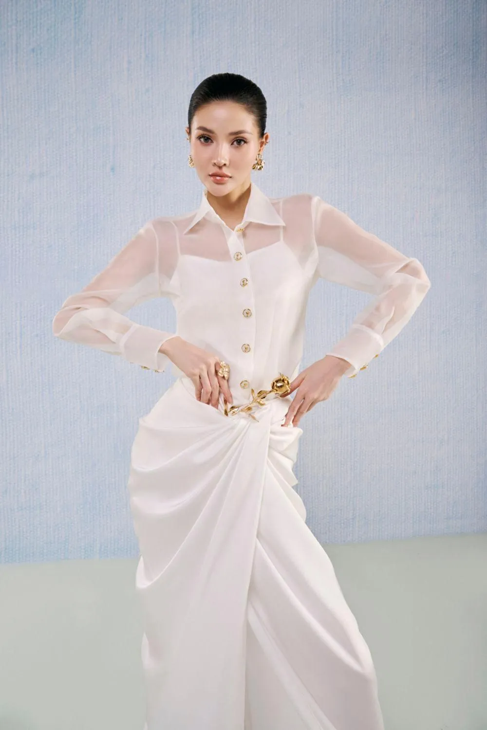 Opal Sarong Collared Neck Silk Organza Floor Length Set