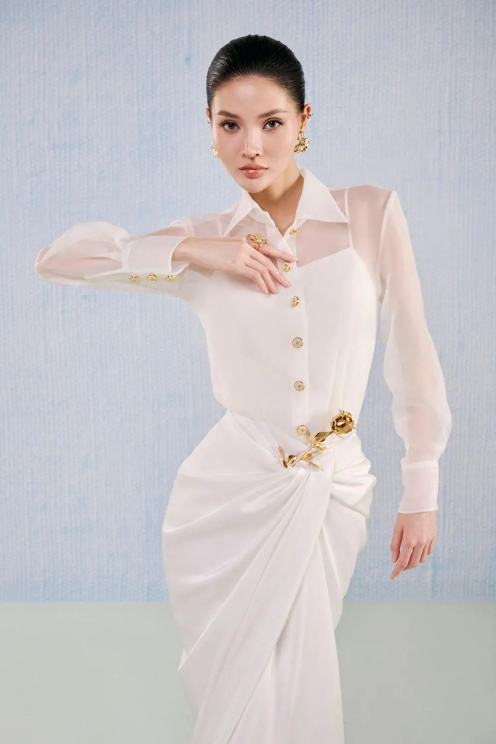 Opal Sarong Collared Neck Silk Organza Floor Length Set