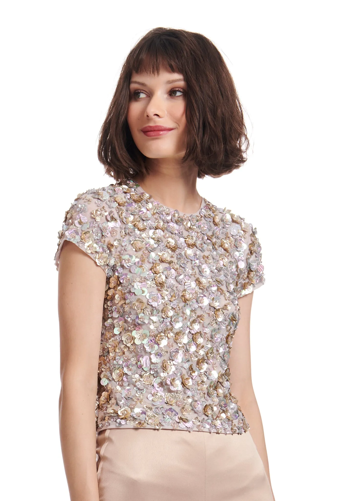 OYSTER CRUNCHY FLOWER HAND BEADED TOP