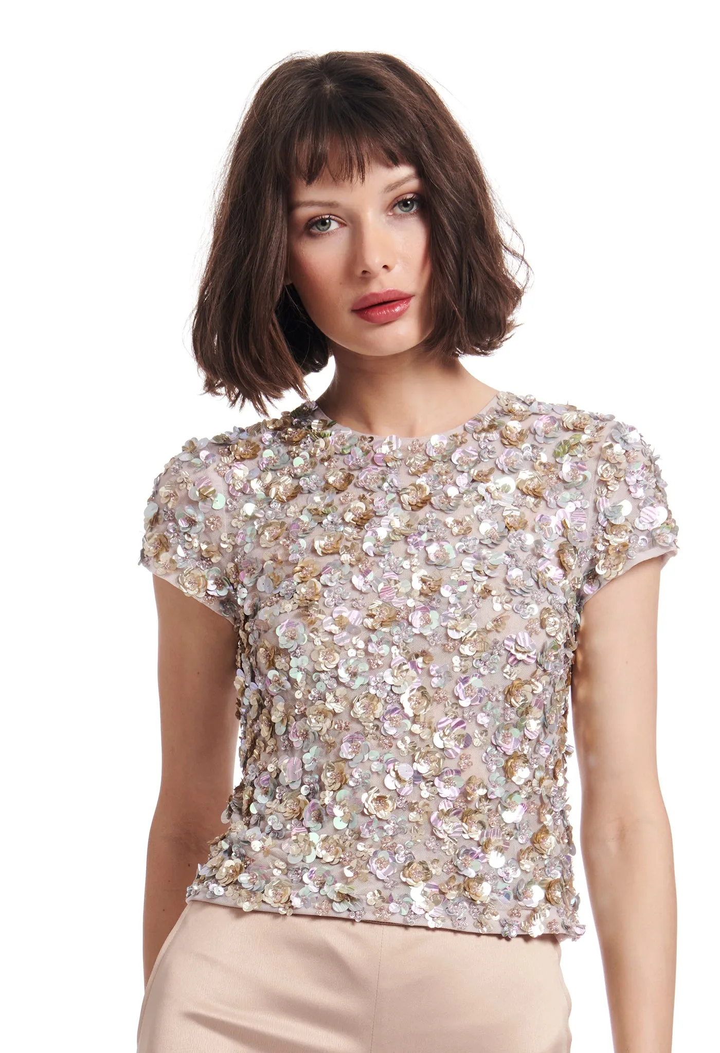 OYSTER CRUNCHY FLOWER HAND BEADED TOP