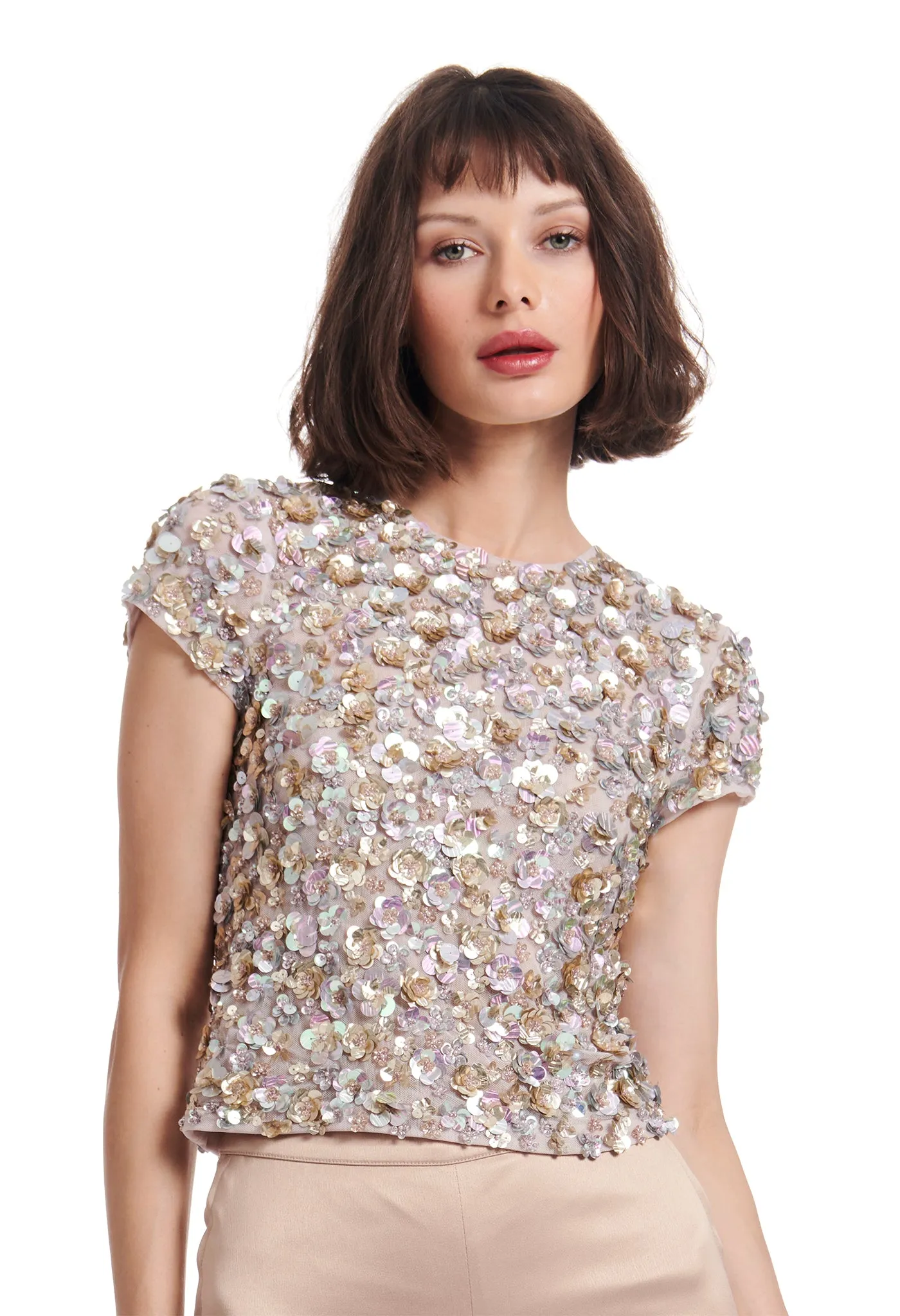 OYSTER CRUNCHY FLOWER HAND BEADED TOP