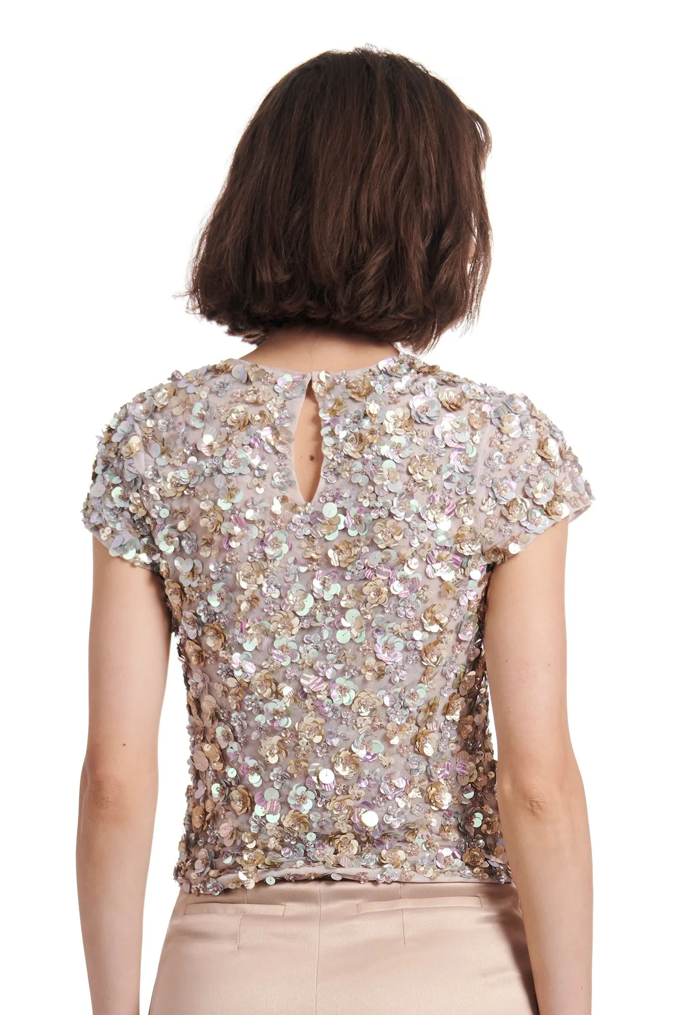 OYSTER CRUNCHY FLOWER HAND BEADED TOP