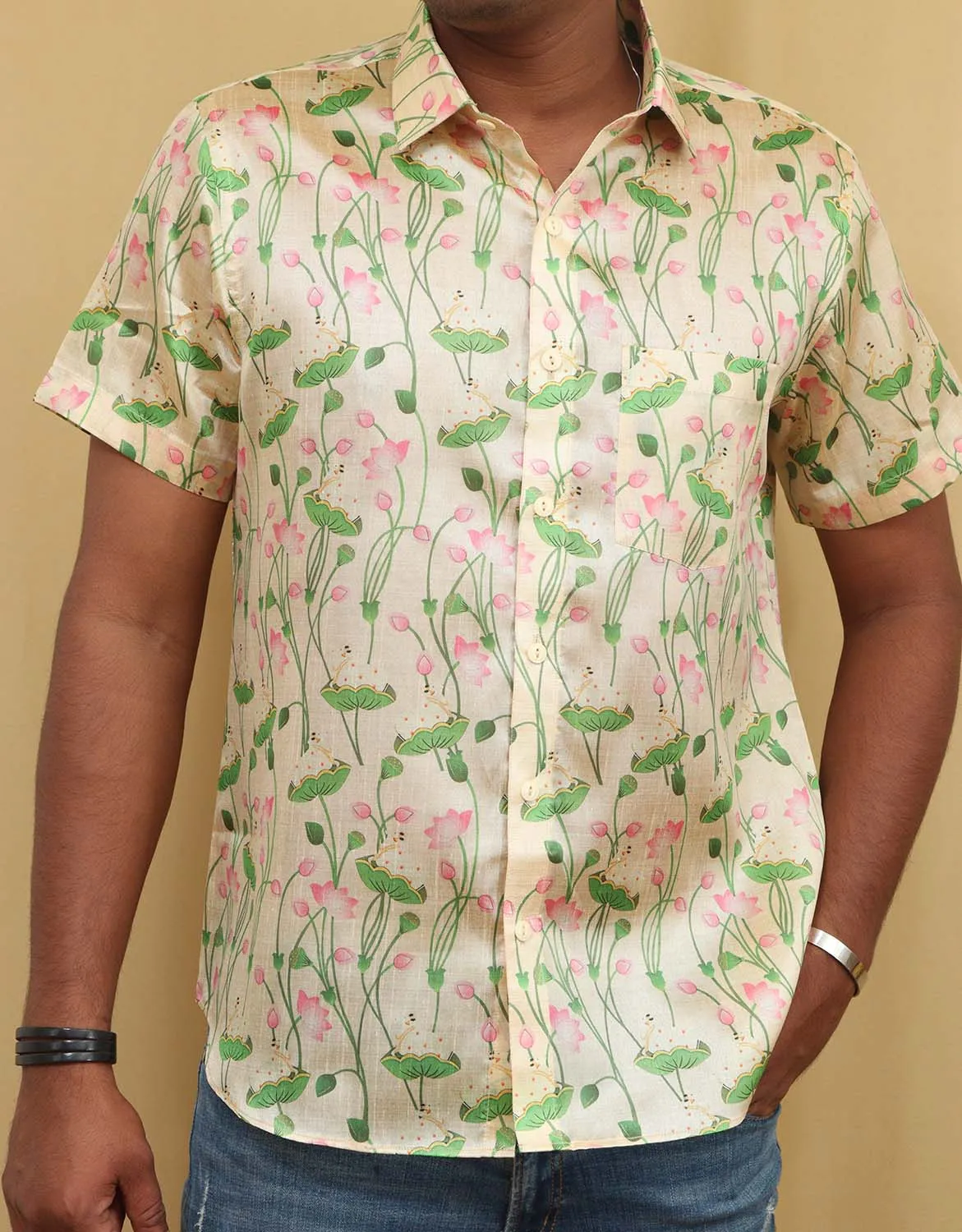 Pastel Kalamkari Tussar Silk Pichwai Shirt with Digital Print