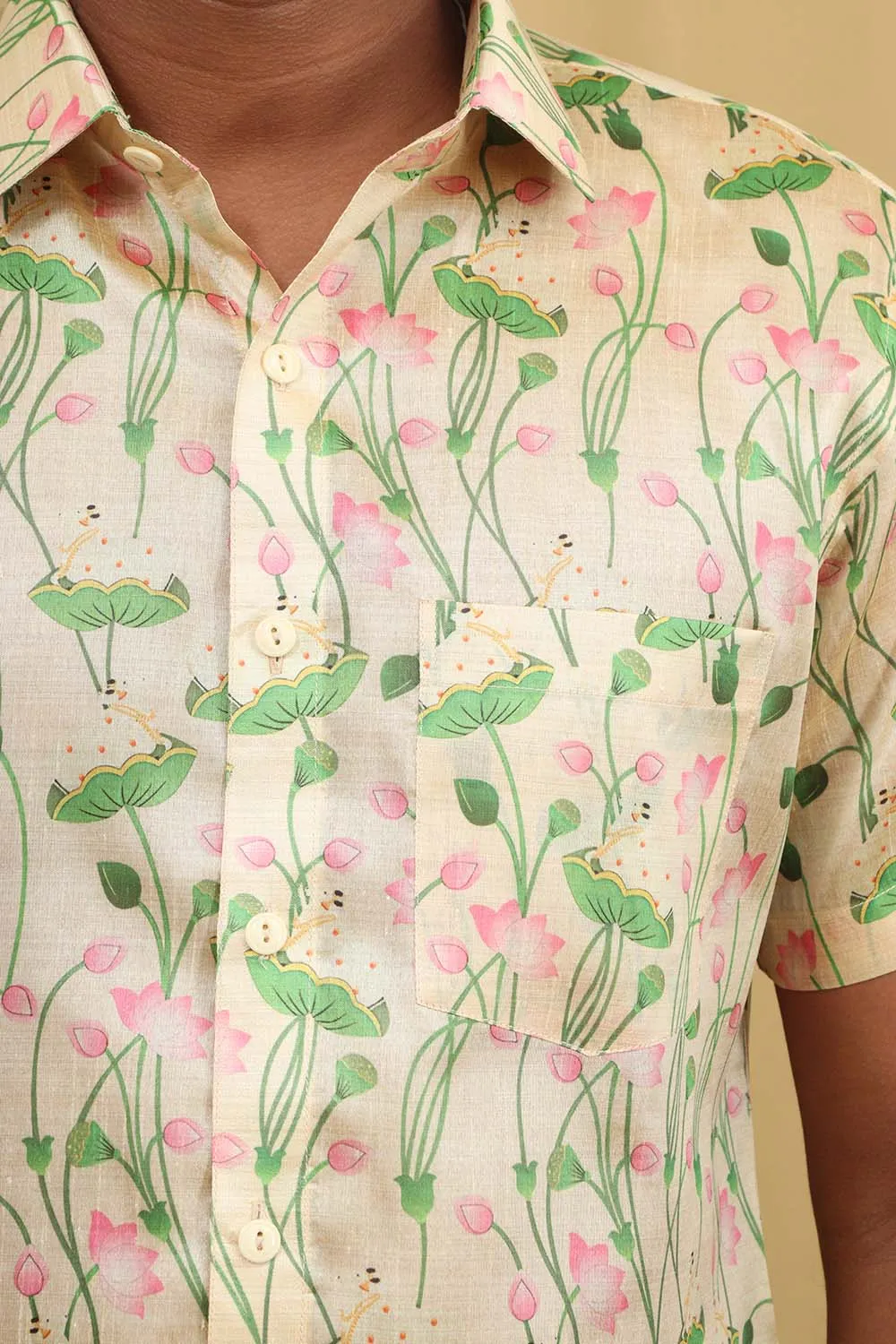 Pastel Kalamkari Tussar Silk Pichwai Shirt with Digital Print