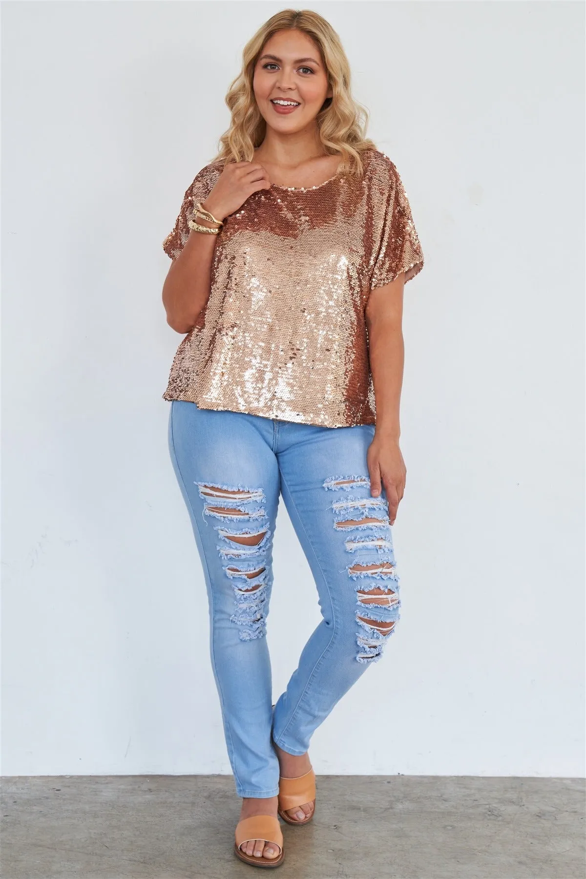 Plus Size Rose Gold Short Sleeve Sequin Top