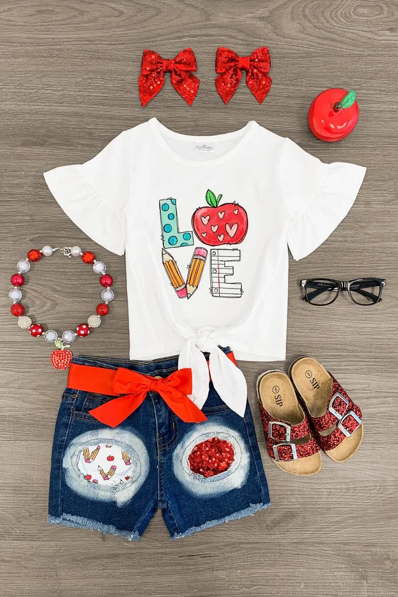 "LOVE" Tie Top Distressed Denim Short Set