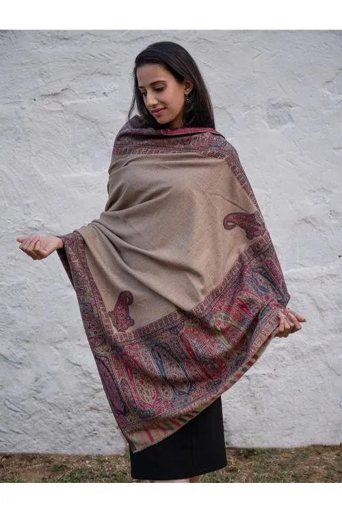 Regal Statement. Exclusive Soft Jamavar Design Kashmiri Shawl - Royal Beige