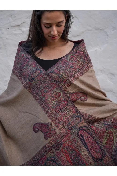 Regal Statement. Exclusive Soft Jamavar Design Kashmiri Shawl - Royal Beige