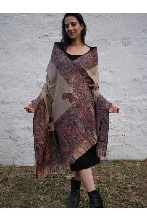 Regal Statement. Exclusive Soft Jamavar Design Kashmiri Shawl - Royal Beige